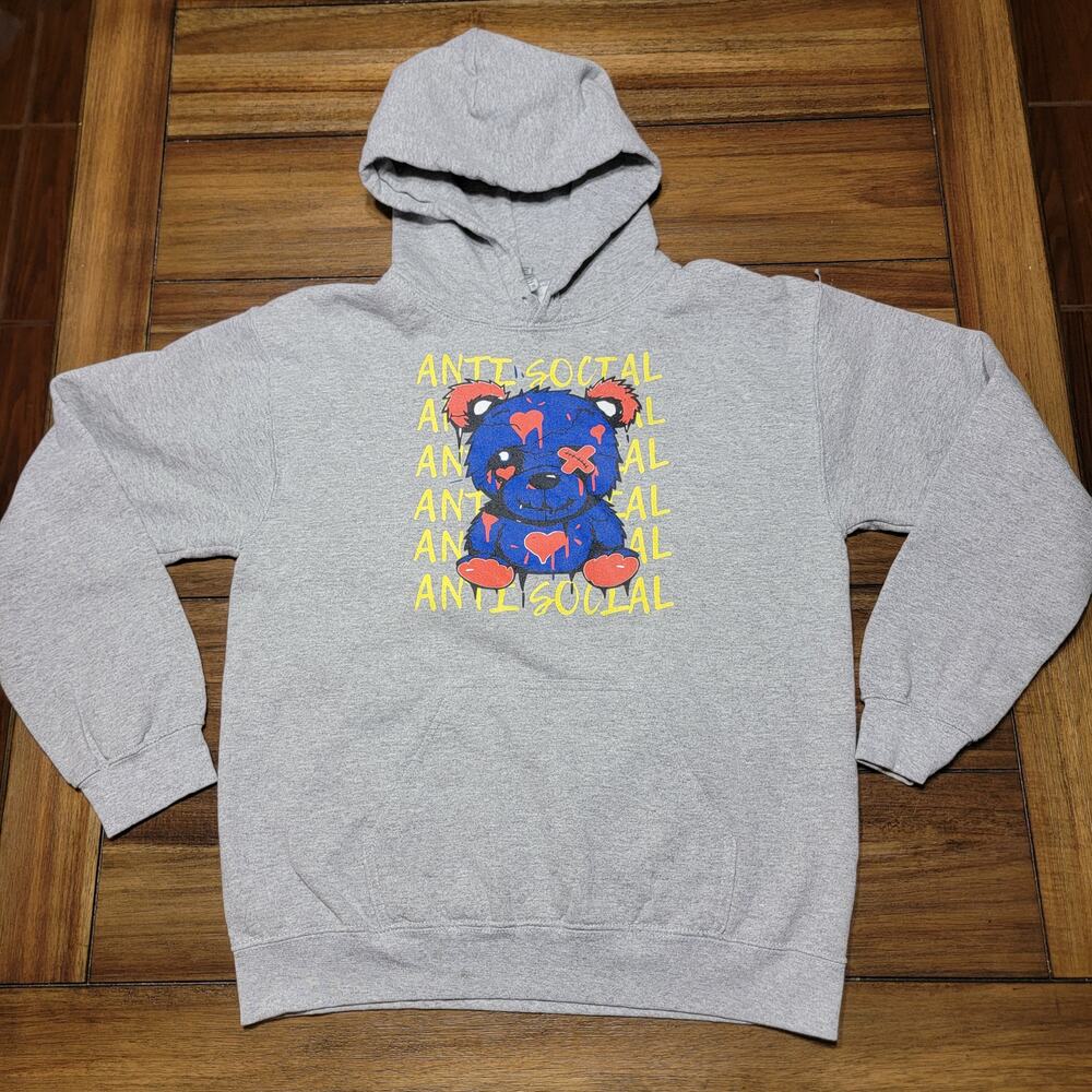 Gildan Grey Unisex Hoodie "Anti Social" Blue & Red Bear - Size Small